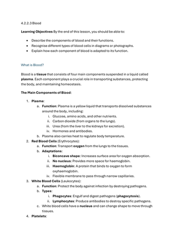 Blood - GCSE Biology