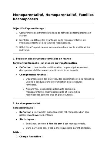 Monoparentalité, Homoparentalité, Familles Recomposées - A-Level French Lesson