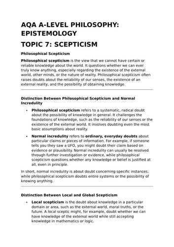 Philosophical Scepticism - A-Level Philosophy Revision Summary