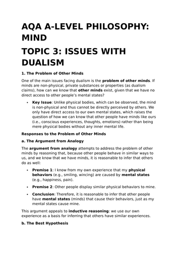 Issues Facing Dualism - A-Level Philosophy Revision Summary