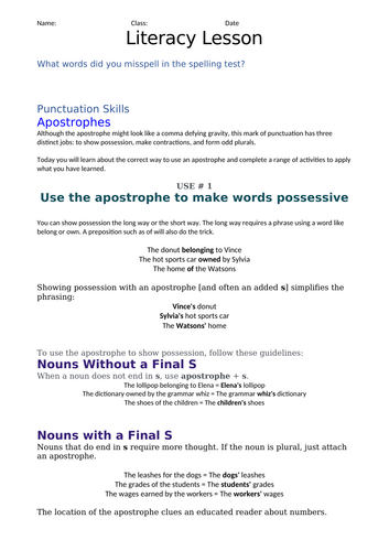 English literacy lesson – apostrophes | Teaching Resources