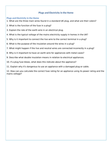 Plugs and electricity KS4 worksheet questions only | Teaching Resources