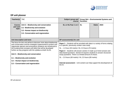 Environmental Systems and Societies (ESS) Unit Plan – Unit 3 Biodiversity. First Exam 2026