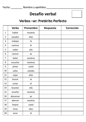 Spanish - Verb Challenge -Desafío verbal - Pretérito perfecto (Present Perfect)