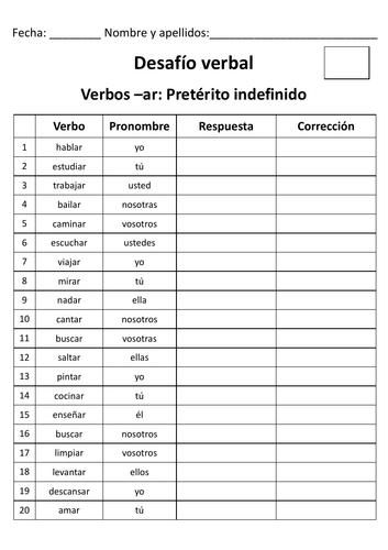 Spanish - Verb Challenge - Desafío verbal - Pretérito (Preterite)