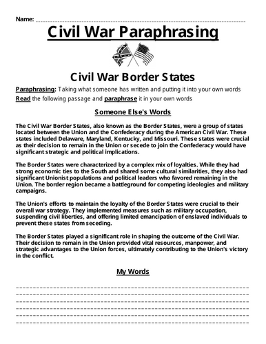 American Civil War Border States Paraphrasing Worksheet | Teaching ...