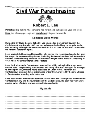 Robert E. Lee Paraphrasing Worksheet | Teaching Resources