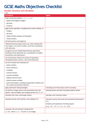 GCSE Maths Objectives - Checklist