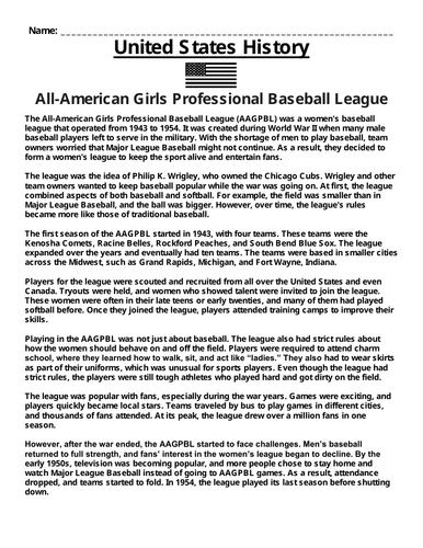 All-American Girls Professional Baseball League “Article & Questions ...