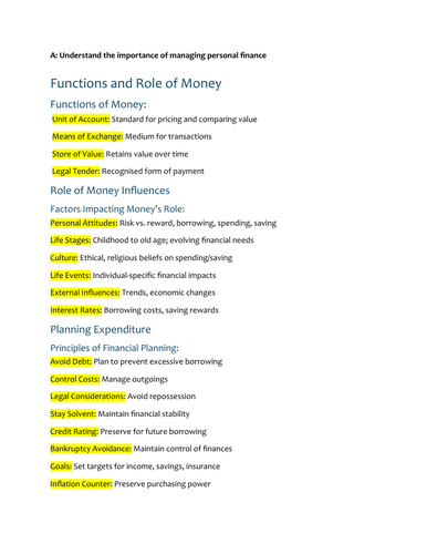 Unit 3 Personal and Business Finance LA A REVISION NOTES | Teaching ...