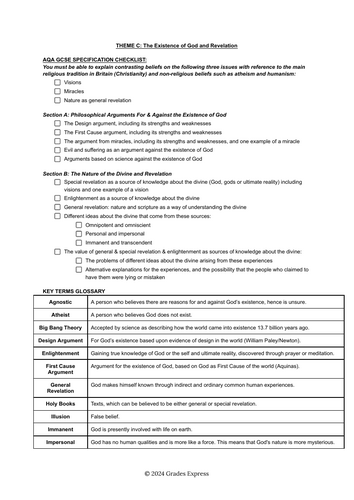 Grade 9 AQA GCSE RS: Theme C The Existence of God & Revelation Full ...