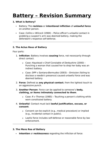 Battery Revision Summary - Criminal Law Revision | Teaching Resources