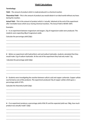 GCSE Chemistry, Yield Calculations - (With answers) | Teaching Resources