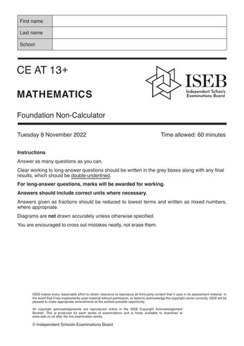 Mathematics CE 13+ Foundation Non-Calculator Exam Paper (Autumn 2022 ...