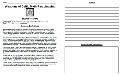 Weapons of Celtic Mythology Paraphrasing Worksheet Packet (19 ...
