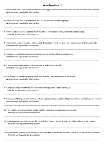 Word Equations Practice Questions (with answers)