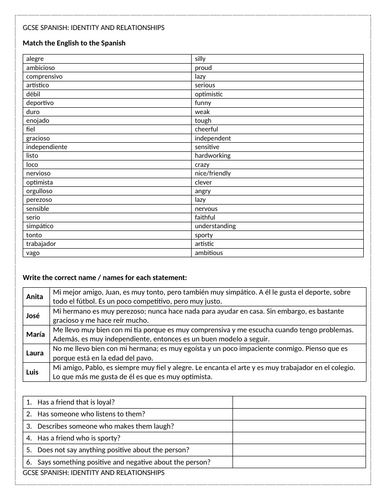GCSE Spanish: Identity and relationships