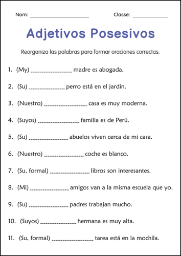 Hoja de Ejercicios de Adjetivos Posesivos - Possessive Adjectives in ...