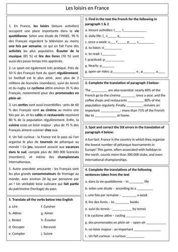 New GCSE Reading practice - Leisure activities in France | Teaching ...