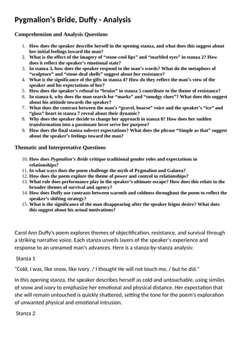 Analysis of Duffy's Pygmalion's Bride | Teaching Resources