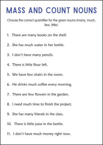 Printable Mass and Count Nouns Grammar Activities Worksheets for Grade ...