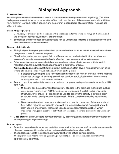CIE Alevel Psychology Biological Approach Notes | Teaching Resources