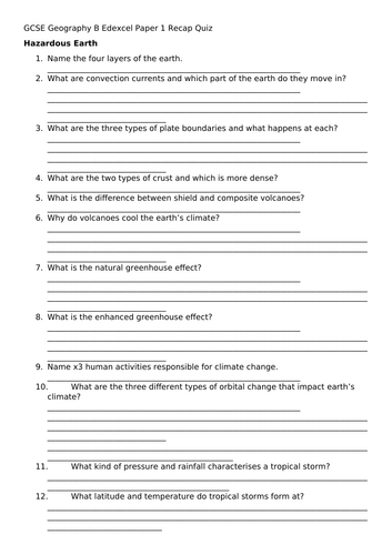 Edexcel B GCSE Geography Paper 1 Revision Work Booklet | Teaching Resources