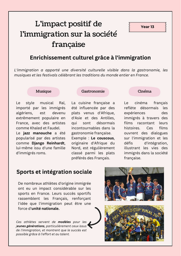 French A-Level revision sheet - L’impact positif de l’immigration sur la société française