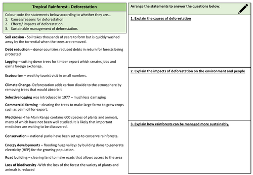 AQA GCSE Geography worksheet - deforestation in Tropical Rainforests ...