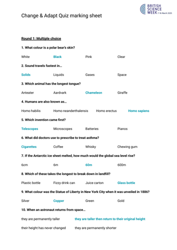 British Science Week 2025 Change & Adapt Quiz | Teaching Resources