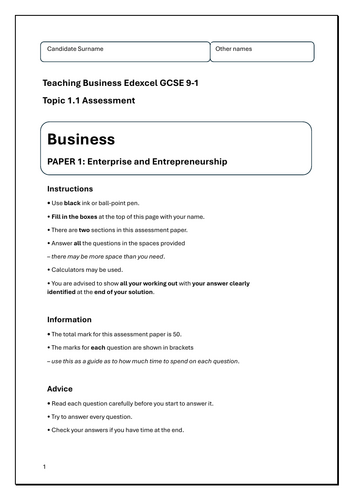 Edexcel GCSE Business - Theme One Topic Assessments & Mark Schemes ...