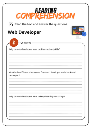 Reading Comprehension - Web Developer + Solutions | Teaching Resources