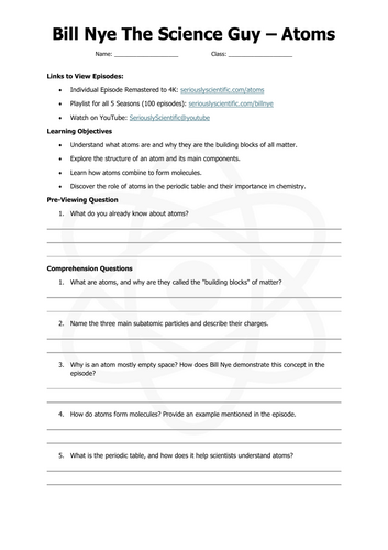Bill Nye The Science Guy | Atoms | 4K | Worksheet | Teaching Resources