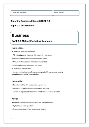 Edexcel GCSE Business - Theme Two Topic Assessments and Mark Schemes ...
