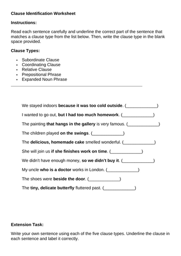 SPAG SAT REVISION - Word Class and Clause Identification Worksheets ...