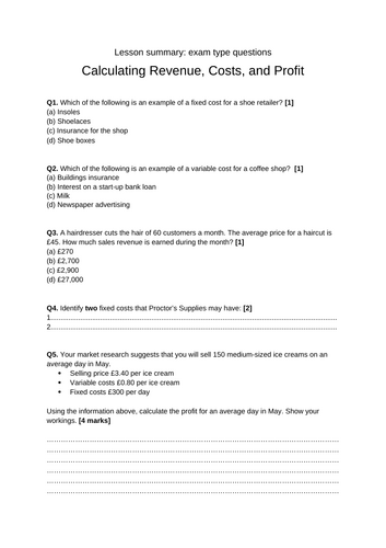 Costs, Revenue, & Profit Free Worksheet GCSE | Teaching Resources
