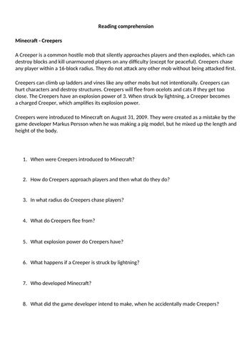 Minecraft reading comprehension and descriptive writing task | Teaching ...