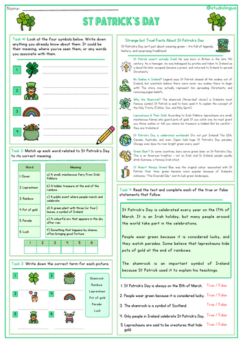 St Patrick's Day TEFL/TESOL Worksheet | Vocabulary Building | Printable ...