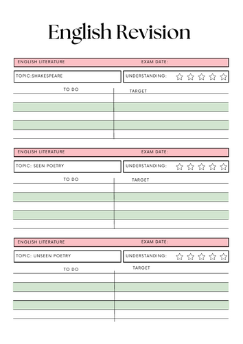 Revision planner for English Lit and Lang AQA