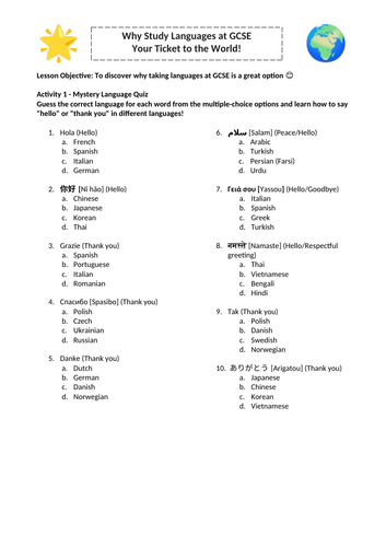 Why study languages at GCSE Lesson Worksheets Y9 Options with Answers ...