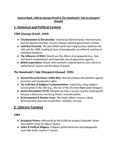Dystopian OCR A Level - The Handmaid's Tale & 1984 | Teaching Resources