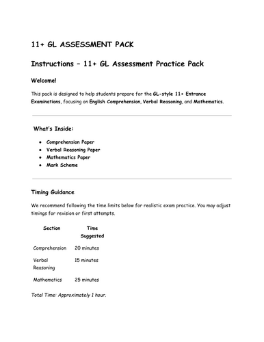 11+ GL Style Assessment Preparation Paper