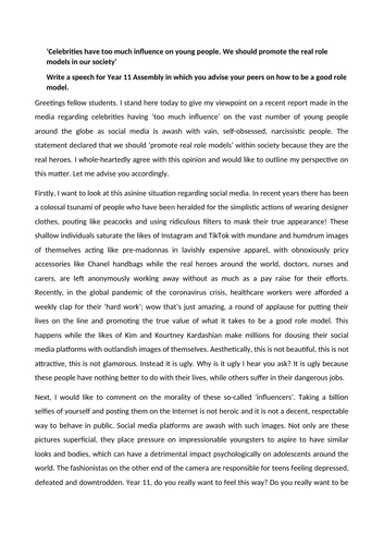 Transactional Writing  - English Language Exemplar Speech