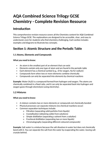 AQA GCSE COMBINED SCIENCE TRILOGY - CHEMISTRY REVISION | Teaching Resources