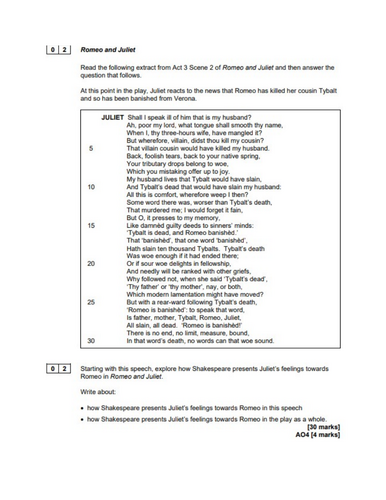 Romeo & Juliet essay plan & sentence starters
