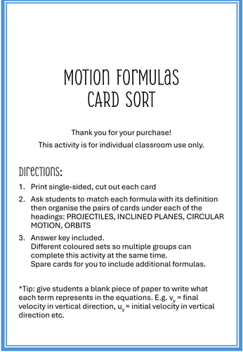 Motion Formulas (Senior Physics) Card Sort Activity | Teaching Resources