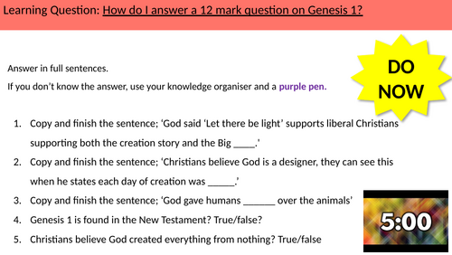 1.3b Creation and the nature of God in Gen 1.(12mk) GCSE AQA B CATHOLIC CHRISTIANITY