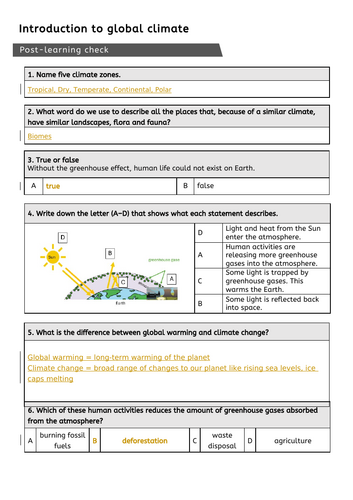 Y7 Climate Change: Test, Knowledge organiser, Question Bank