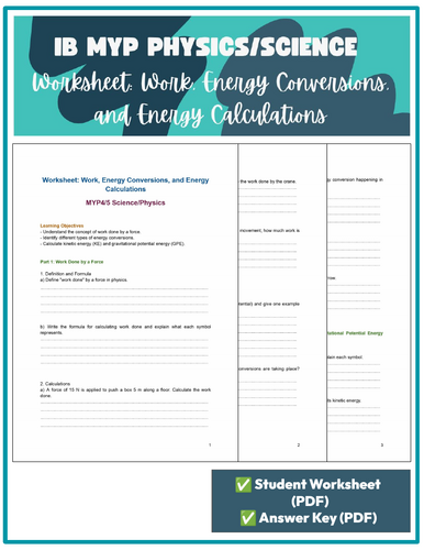 Work, Energy Conversions, and Calculations – Worksheet & Answer Key (MYP4/5)