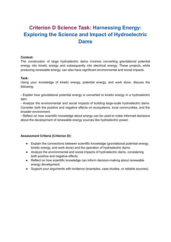 IB MYP Physics: Harnessing Energy-Hydroelectric Dams (Criterion D) + Rubric